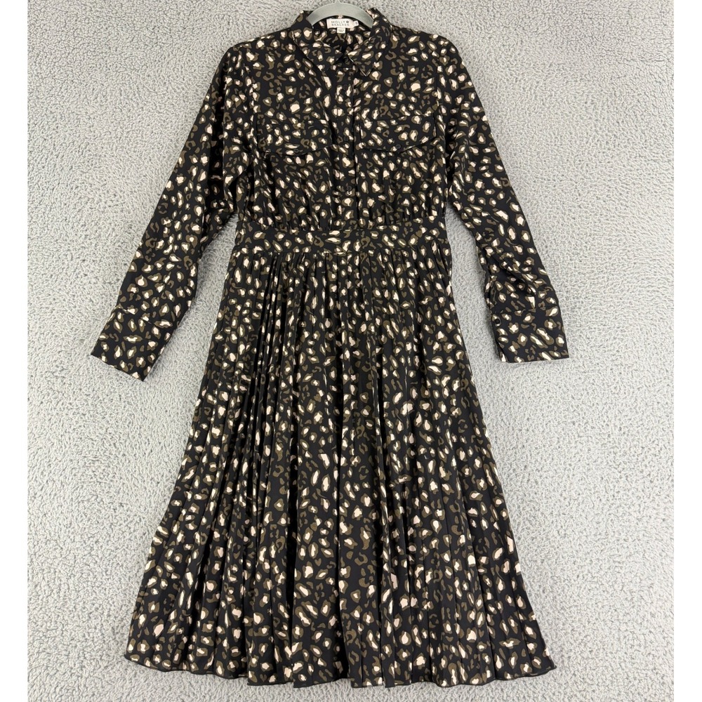 Molly Bracken‎ Pleated Midi Dress Womens Size S Black Green Leopard Print Shirt